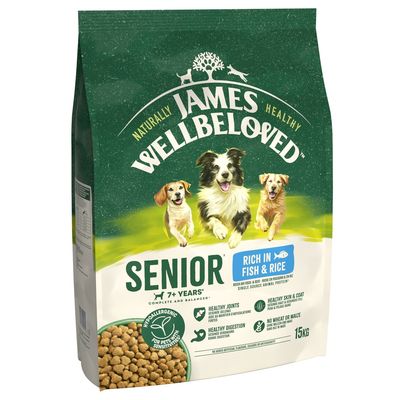 Bag labelled 'Senior 7+ years, rich in fish and rice, hypoallergenic for sensitive pets, healthy joints, skin, coat and digestion, no wheat or maize, 15kg'.