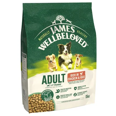 Bag labelled 'Adult 1-7 years, rich in chicken and rice'. Highlights: hypoallergenic, healthy digestion, skin and coat support, immune system, no wheat or maize. 15kg. Bag labelled 'Adult 1-7 years, rich in chicken and rice'. Highlights: hypoallergenic, healthy digestion, skin and coat support, immune system, no wheat or maize. 15kg.