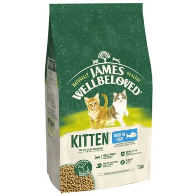 Bag labelled 'Kitten Rich in Fish', suitable for up to 12 months, hypoallergenic, supports healthy growth, immune system, digestion, and weight. 1.5kg. Bag labelled 'Kitten Rich in Fish', suitable for up to 12 months, hypoallergenic, supports healthy growth, immune system, digestion, and weight. 1.5kg.