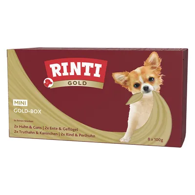 Embalagem Rinti Gold Mini Gold-Box, 8 x 100 g. Variedades: 2x frango e ganso, 2x pato e aves, 2x peru e coelho, 2x vaca e galinha-d'angola. Texto em alemão visível.