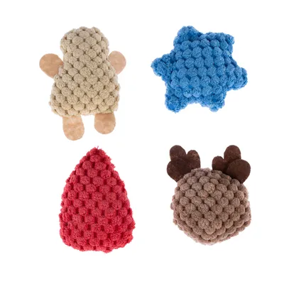 Four soft toys in different shapes: beige sheep, blue star shape, red drop shape and brown shape with antlers. Structure made of padded material.