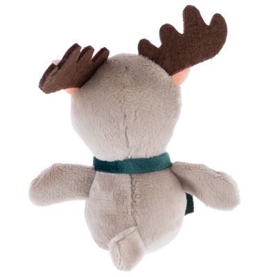 Mjukisdjur i form av en älg med bruna horn, beige plyschmaterial och grön halsband, sedd bakifrån.