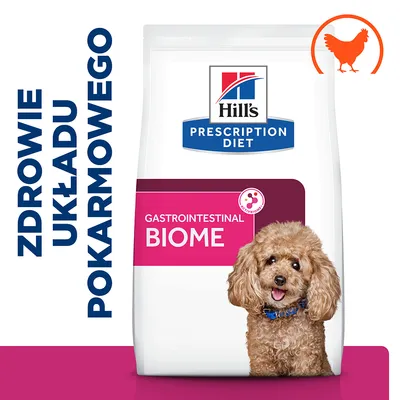 Hill's Prescription Diet Gastrointestinal Biome karma dla psa, napis: zdrowie układu pokarmowego, grafika kurczaka, zdjęcie psa rasy pudel na opakowaniu.