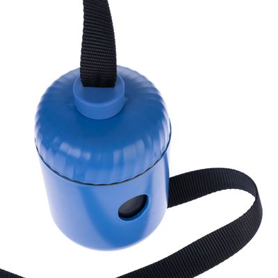 Dispenser blu con cinturino nero e apertura laterale, adatto per sacchetti o piccoli oggetti.