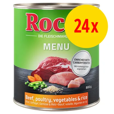 Rocco MENU 800 g dåse, Beef, poultry, vegetables & rice. Enriched with carbohydrates. 24x markeret med gul cirkel. Synligt oksekød, fjerkræ, grøntsager og ris på etiketten.