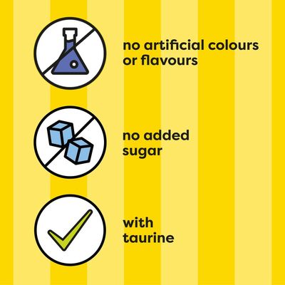 No artificial colours or flavours, no added sugar, with taurine.