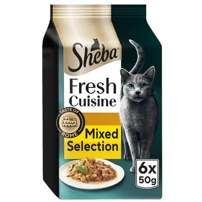 Sheba Fresh Cuisine Mixed Selection, Taste of Rome, 6 x 50g packs shown on packaging with image of food pieces on a plate.