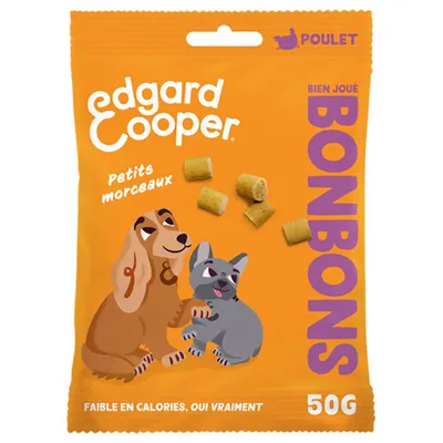 Edgard Cooper bonbons au poulet, petits morceaux, 50g. Faible teneur en calories, emballage orange avec illustration de chien et chat.