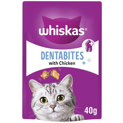 Whiskas Dentabites with Chicken, 40g pack, showing dental care symbol and image of treats above a cat's head.