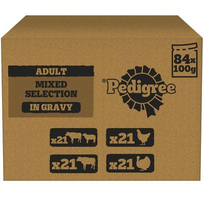 Adult mixed selection in gravy, 84 x 100g packs. Contains 21 each of beef, chicken, lamb, and poultry varieties.