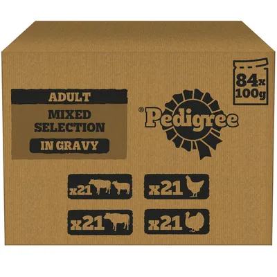 Adult mixed selection in gravy, 84 x 100g packs. Contains 21 each of beef, chicken, lamb, and poultry varieties.