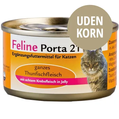 Feline Porta 21 kattemad dåse, tekst: Ergänzungsfuttermittel für Katzen, ganzes Thunfischfleisch, mit echtem Krebsfleisch in Jelly, UDEN KORN. Billede af kat på emballagen.