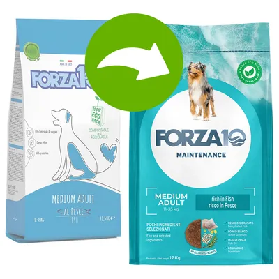 Forza10 Medium Adult al Pesce Verpackungsänderung: links alte, rechts neue Tüte. Beide für Hunde 11-35 kg, Fisch als Zutat, 12,5 kg bzw. 12 kg, recycelbare Verpackung.