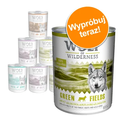Puszki Wolf of Wilderness, widoczne warianty: Green Fields, Oak Woods, Wild Hills, Arctic Spirit. Na puszce napis: 100% grain-free, Green Fields, 800 g. Pomarańczowe kółko: Wypróbuj teraz!