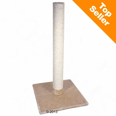 Griffoir pour chat avec poteau en sisal beige sur base carrée recouverte de tissu, mention « Top Seller » en haut à droite.