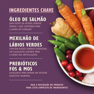 Ingredientes chave: óleo de salmão, mexilhão de lábios verdes, prebióticos FOS & MOS. Veja a descrição do produto para lista completa de ingredientes.