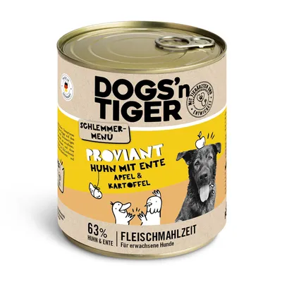 DOGS'n TIGER Schlemmer-Menü Proviant Huhn mit Ente, Apfel & Kartoffel. 63% Huhn & Ente. Fleischmahlzeit für erwachsene Hunde. Mit Tierärzten entwickelt.