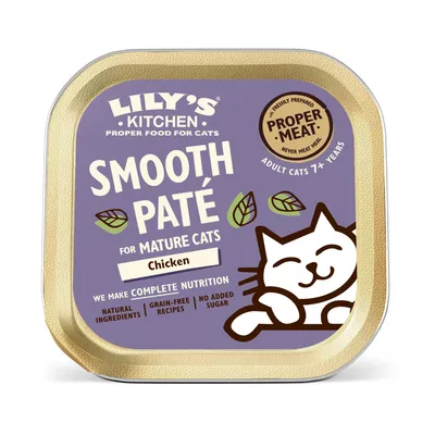 Lily's Kitchen Smooth Paté for senior cats, chicken. Natural ingredients, grain-free, no added sugar. For adult cats from 7 years. Complete nutrition.