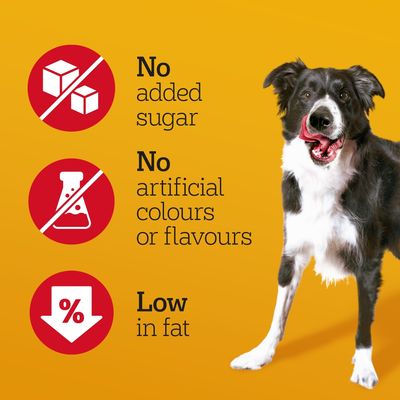 No added sugar, no artificial colours or flavours, low in fat. Three icons with these product features shown next to a dog.