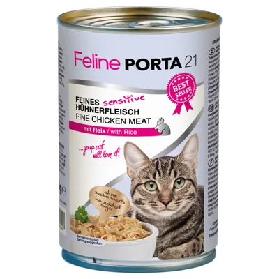 Feline Porta 21 Fine Sensitive Chicken with Rice. Best Seller. No added sugar. Serving suggestion: bowl with chicken and rice. Cat shown.