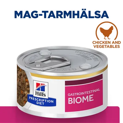 Hill's Prescription Diet Gastrointestinal Biome burk med texten MAG-TARMHÄLSA och CHICKEN AND VEGETABLES. Synligt innehåll av kött och grönsaker. Hill's Prescription Diet Gastrointestinal Biome burk med texten MAG-TARMHÄLSA och CHICKEN AND VEGETABLES. Synligt innehåll av kött och grönsaker.