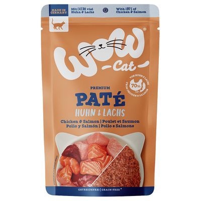WOW Cat Premium Paté Huhn & Lachs, 70% kip en zalm, graanvrij. Tekst in meerdere talen: Chicken & Salmon, Poulet et Saumon, Pollo y Salmón. Made in Germany.