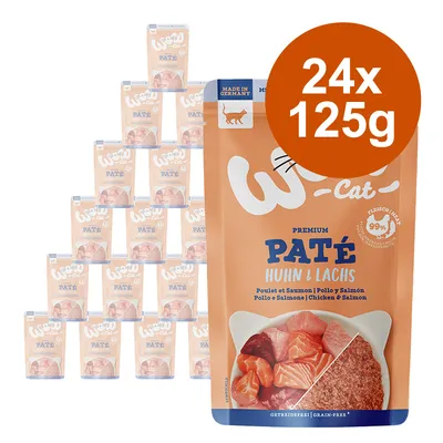 Multipack med 24 påsar à 125 g Witty Cat Premium Paté Huhn & Lachs, synlig text: Made in Germany, 99 % Fleisch, grain-free, smaker kyckling och lax.