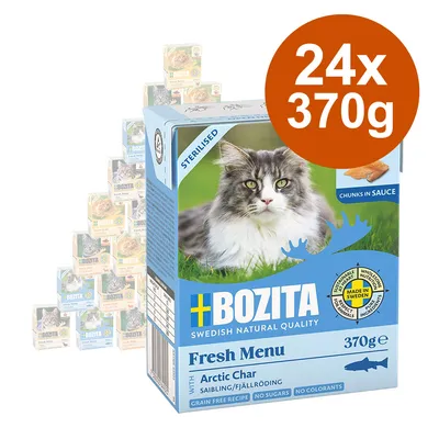 Bozita Fresh Menu Sterilised mit Saibling, 24x370g. Getreidefrei, ohne Zucker, ohne Farbstoffe. Hergestellt in Schweden. Verpackung zeigt Katze und Produktdetails.