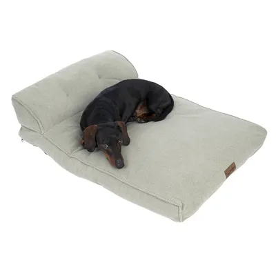Coussin pour chien en tissu beige avec dossier, un teckel noir et feu allongé dessus, étiquette marron visible sur le coin du coussin.