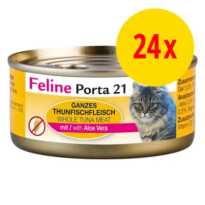 Feline Porta 21 kattemad, GANS THUNFISCHFLEISCH WHOLE TUNA MEAT mit/with Aloe Vera, billede af kat, pakke med 24 stk. Kornfri symbol synligt på dåsen.