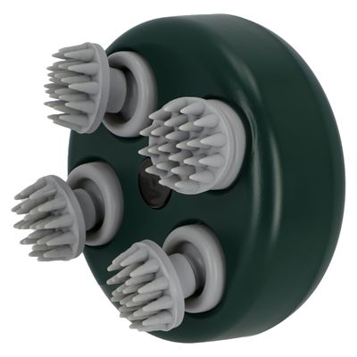 Dispositivo massaggiante rotondo con quattro testine rotanti grigie e corpo verde, adatto per la cura del pelo.