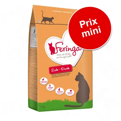 Feringa croquettes pour chat, canard, 2 kg. Texte visible : 'Prix mini', 'Erte Duck', sans céréales, protéines naturelles, avec taurine, citrouille, canneberges et cataire.