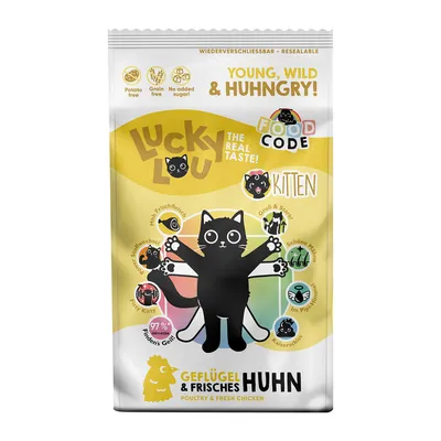 Lucky Lou Kitten poultry & fresh chicken. Resealable, without potatoes, grain or added sugar. 97% of cats love it. With fresh meat and fine mint.