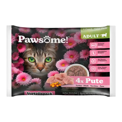 Pawsome! Adult macskaeledel, előnyös csomag 4x pulyka. 88% állati összetevő, gabonamentes receptúra, taurinnal és vitaminokkal, hozzáadott cukor nélkül.