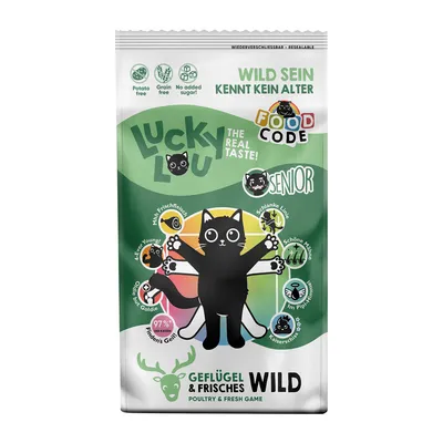 Lucky Lou Senior Katzenfutter, Geflügel & frisches Wild, 97% tierische Zutaten, getreidefrei, ohne Zuckerzusatz, wiederverschliessbar. Slogan: Wild sein kennt kein Alter.