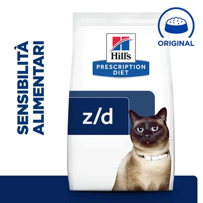 Hill's Prescription Diet z/d per gatti, scritta 'Sensibilità alimentari', simbolo ciotola con testo 'Original' visibili sulla confezione. Hill's Prescription Diet z/d per gatti, scritta 'Sensibilità alimentari', simbolo ciotola con testo 'Original' visibili sulla confezione.