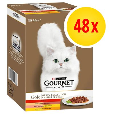 Gourmet Gold Pacco misto 48 x 85 g Umido per gatto Mix Mousse 2: Tacchino + Agnello e Fagiolini + Trota e Pomodori + Merluzzo e Carote