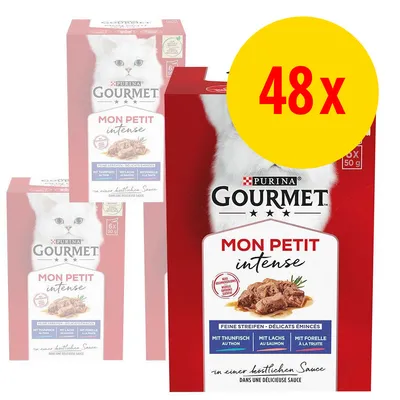 Purina Gourmet Mon Petit Intense, lot de 48x50g, délicats émincés en sauce avec thon, saumon et truite. Texte visible : 'Mon Petit intense', 'en une délicieuse sauce'.