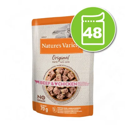 Sachet Nature’s Variety Original pâté bœuf & poulet, 70 g, adulte, sans céréales. Badge vert avec icône de sachet et chiffre 48 en blanc.