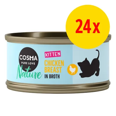 Cosma Nature Pure Love Kitten Chicken Breast in Broth, afbeelding van blik kattenvoer met zwarte kitten en kip icoon, verpakkingseenheid 24x zichtbaar