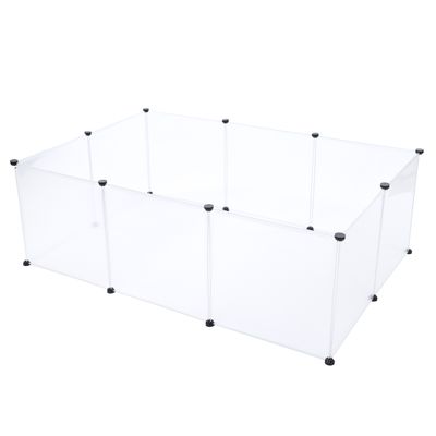 Enclos rectangulaire composé de panneaux transparents reliés par des connecteurs noirs, sans accessoires ni animaux visibles. Matériau plastique apparent.