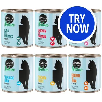 Six Cosma Nature tins with flavours: tuna with shrimps, chicken and salmon, skipjack tuna, chicken fillet, chicken and tuna. Blue circle with white text reads 'TRY NOW'.