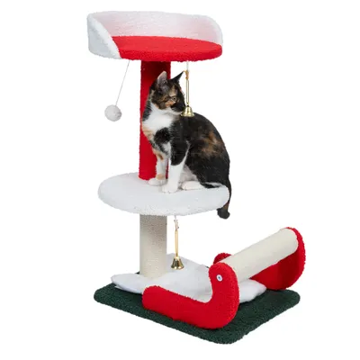 Cat tree with red and white design, two levels, toy bell and sisal roll. Cat sitting on the middle platform.