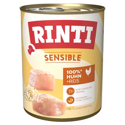 RINTI Sensible, 100% κοτόπουλο + ρύζι, μόνο 1 ζωική πρωτεΐνη, χωρίς γλουτένη - βέλτιστη ανεκτικότητα, στο ποσοστό κρέατος.