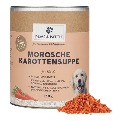 Paws & Patch Morosche zupa marchwiowa dla psów, opakowanie bez plastiku, 150g. Wspiera żołądek i jelita, daje 2,3 l świeżej zupy, naturalny błonnik i prebiotyczne włókna.