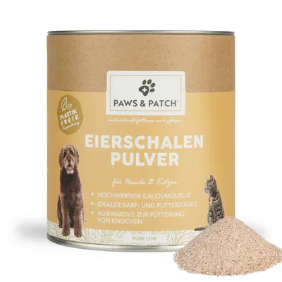 Boîte Paws & Patch Eierschalen Pulver, texte allemand : hochwertige Calciumquelle, idealer BARF- und Futterzusatz, alternative zur Fütterung von Knochen, pour chiens et chats, emballage sans plastique.