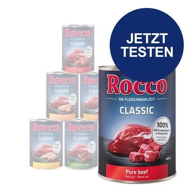 Rocco Classic Fleischmahlzeit Dosen, Sorten Pure beef, Beef with salmon, Beef with chicken, Beef with game, Beef with poultry. Button: JETZT TESTEN.