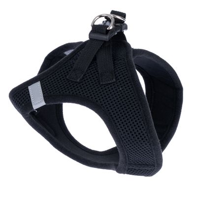 Sort hundesele i åndbart mesh-materiale med reflekterende stribe og metalring til fastgørelse af line.