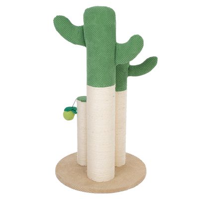 Arbre à chat en forme de cactus avec trois poteaux recouverts de corde et tissu vert, base ronde en sisal, balle suspendue sur l’un des poteaux. Aucun texte ou marque visible.