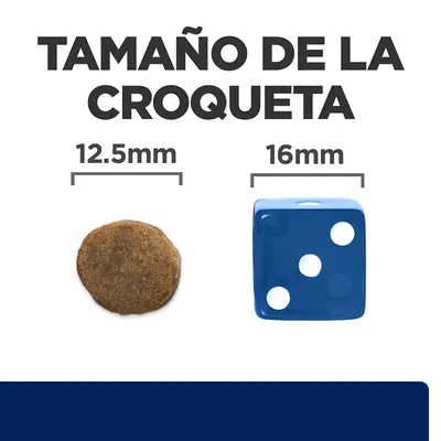 Tamaño de la croqueta: imagen comparativa con una croqueta de 12,5 mm y un dado azul de 16 mm. Texto visible: 'TAMAÑO DE LA CROQUETA', '12.5 mm', '16 mm'.